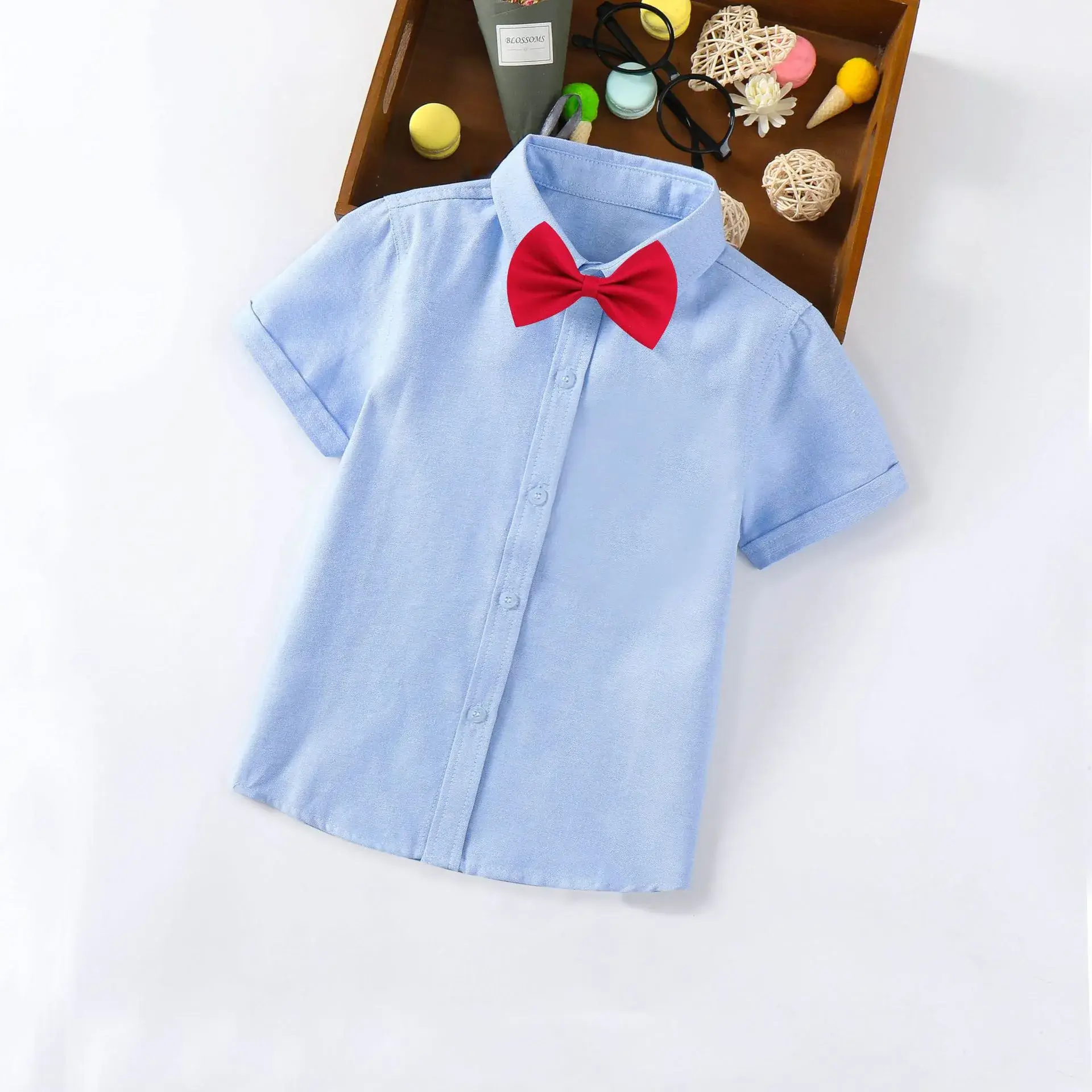 Children's Blue Short Sleeve Shirt Small Medium with Bow Tie - Image 3