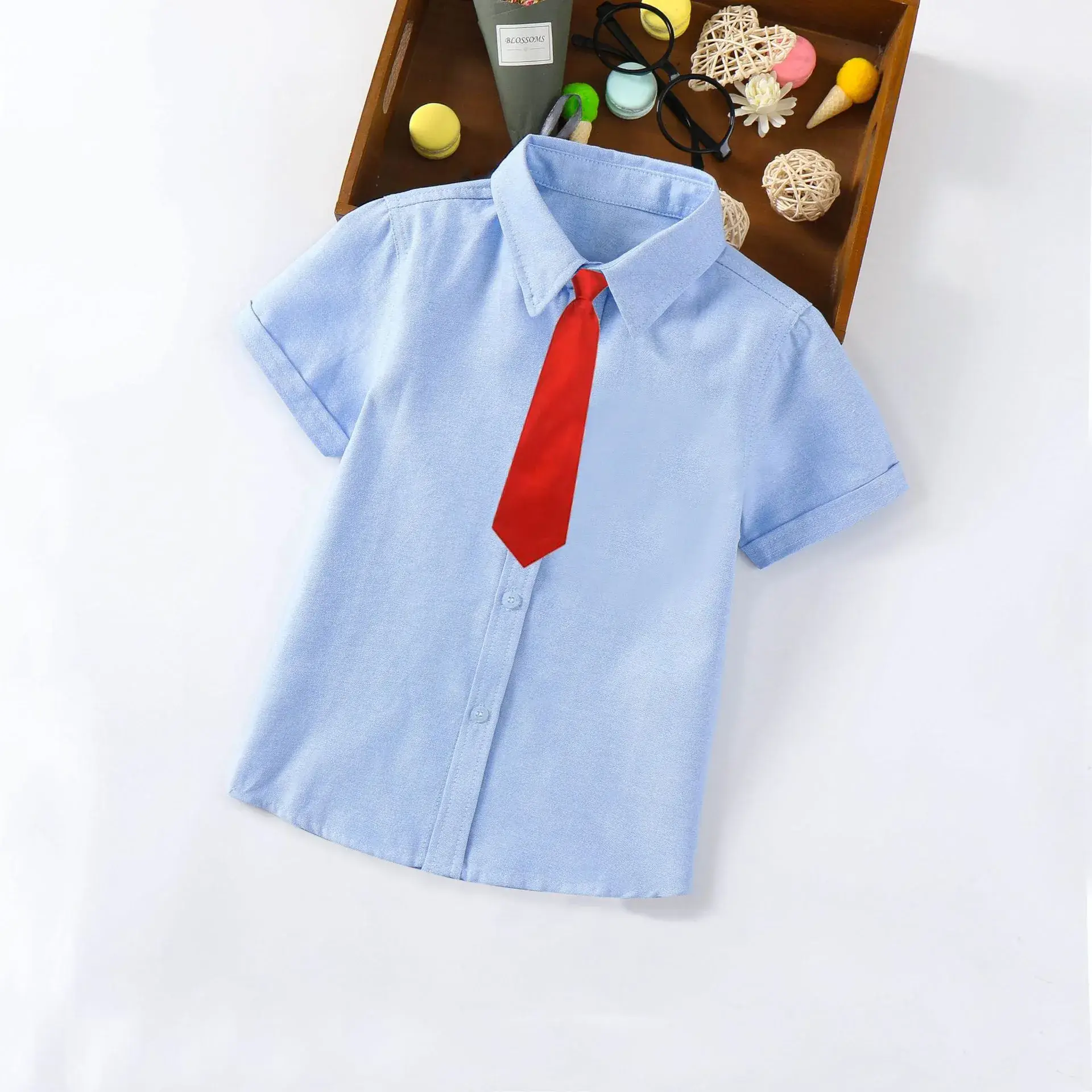 Children's Blue Short Sleeve Shirt Small Medium with Bow Tie - Image 5