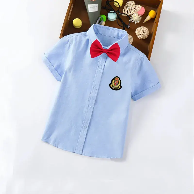 Children's Blue Short Sleeve Shirt Small Medium with Bow Tie - Image 8