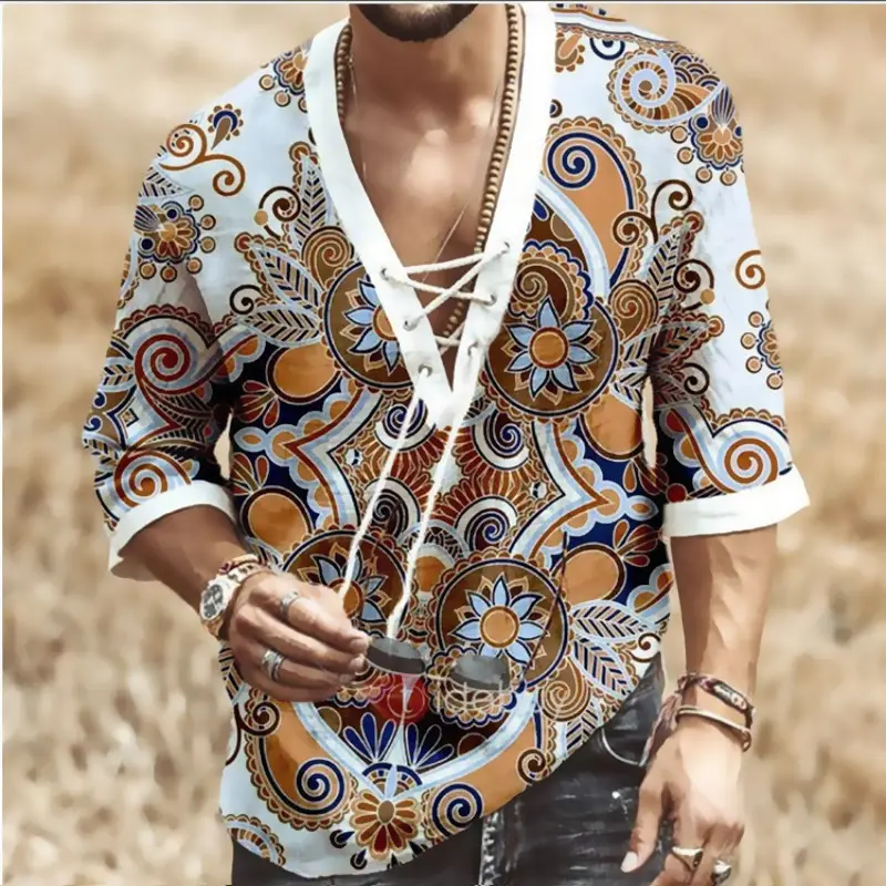 Men Digital Printed V Neck Lace-Up T-Shirt Blue Brown - Image 2