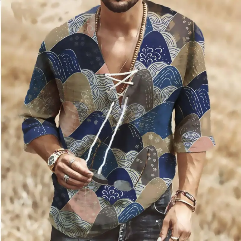 Men Digital Printed V Neck Lace-Up T-Shirt Blue Brown - Image 3