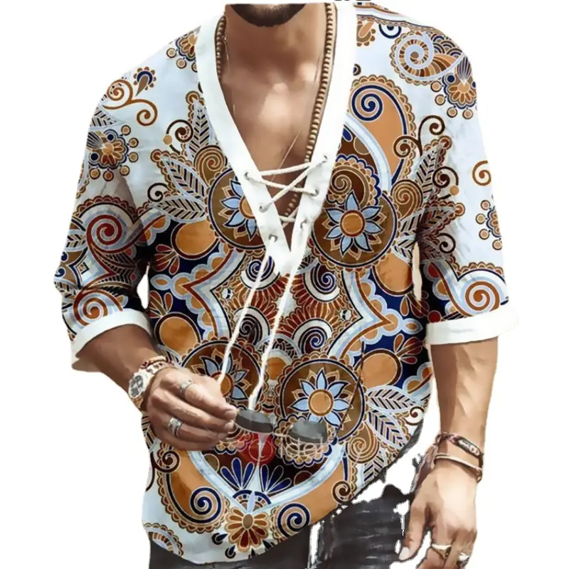 Men Digital Printed V Neck Lace-Up T-Shirt Blue Brown - Image 4
