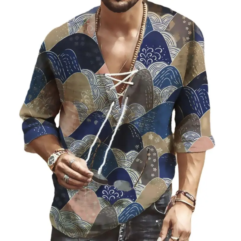 Men Digital Printed V Neck Lace-Up T-Shirt Blue Brown - Image 5
