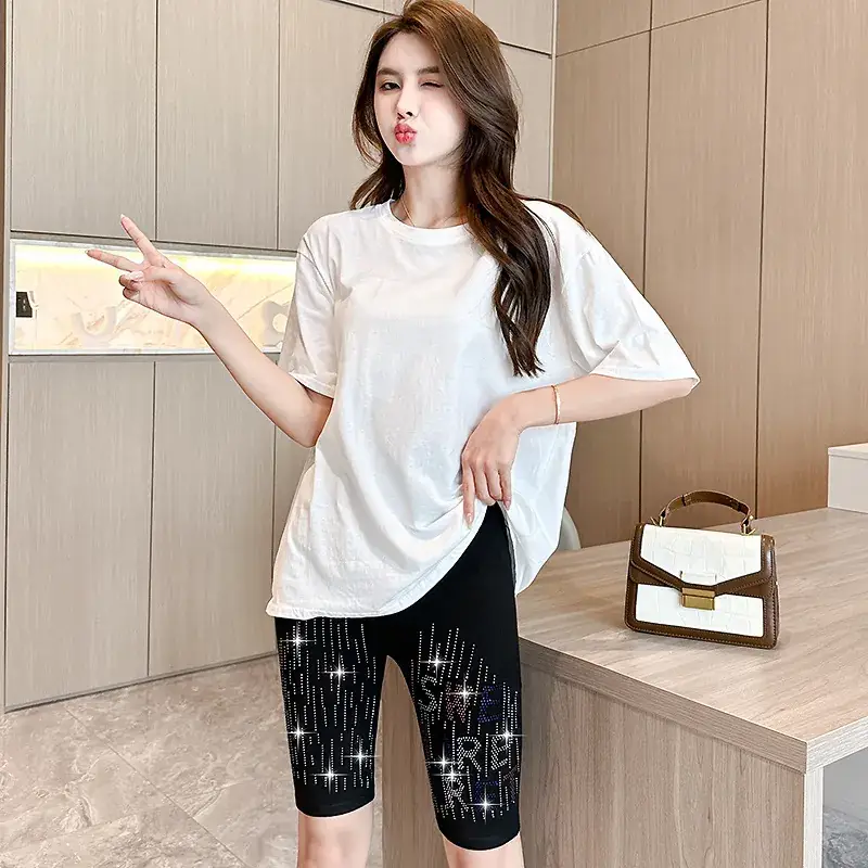 2025 Rhinestone Leggings Women Black Capri - Image 8