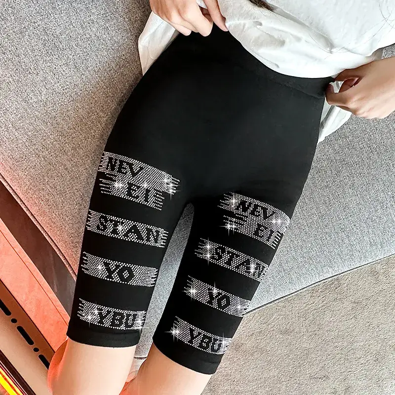 2025 Rhinestone Leggings Women Black Capri - Image 3