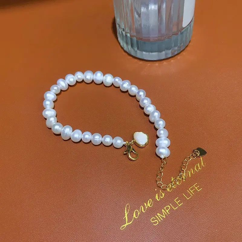 7mm White Pearl Bracelet for Women 18K Gold Filled