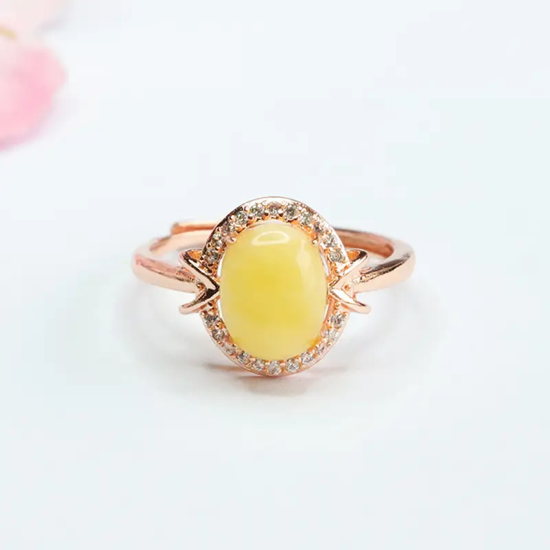 Yellow Honey White Nectar Amber Ring with Diamond Set - Image 3