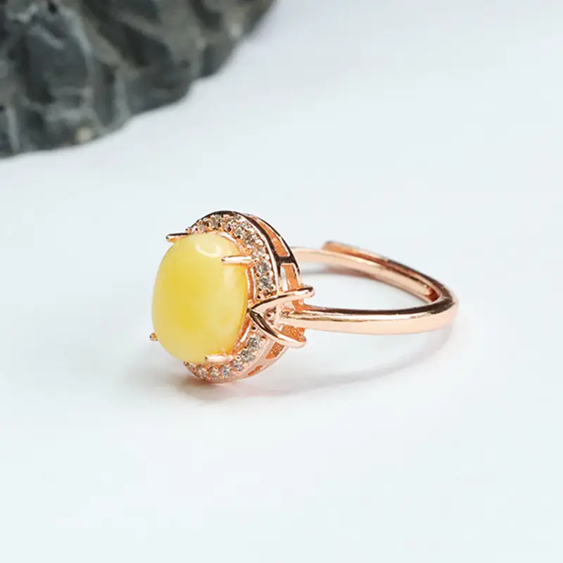 Yellow Honey White Nectar Amber Ring with Diamond Set — feature 11