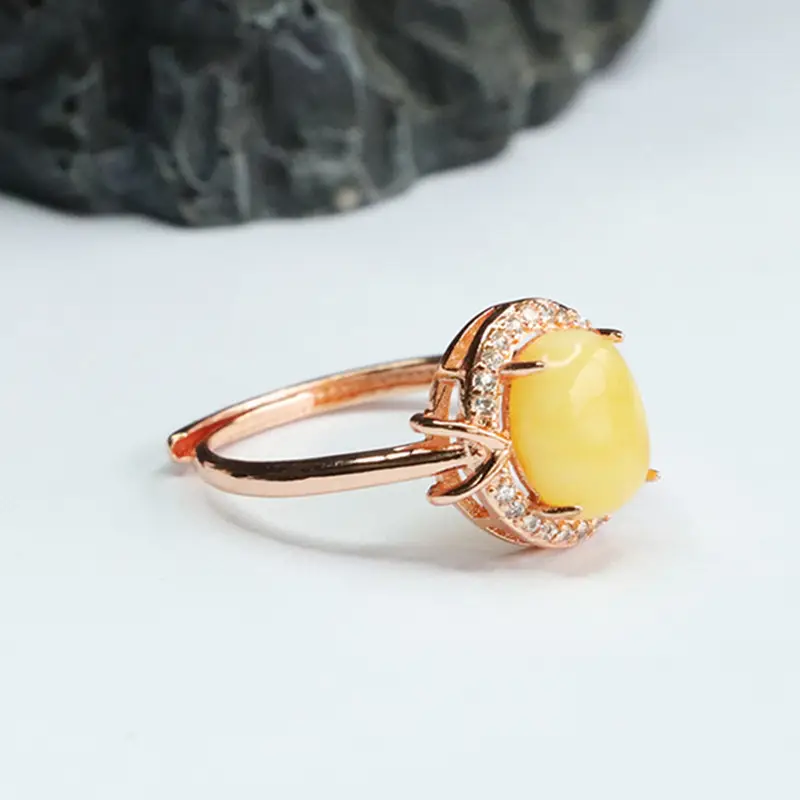Yellow Honey White Nectar Amber Ring with Diamond Set — feature 12