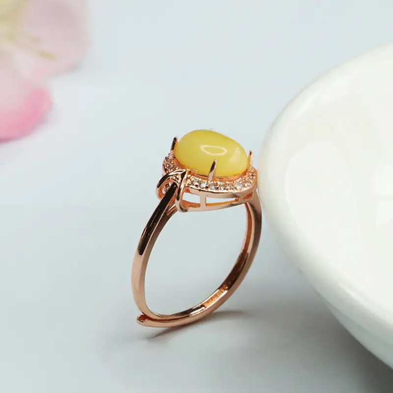Yellow Honey White Nectar Amber Ring with Diamond Set — feature 8