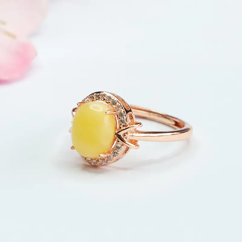 Yellow Honey White Nectar Amber Ring with Diamond Set — feature 9