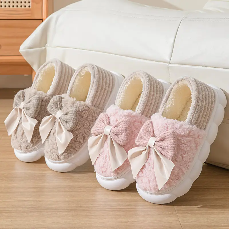 Cotton slippers winter covered heel indoor home bowknot women's warm fleece-lined household wool cotton shoes women's outer wear winter - Image 7