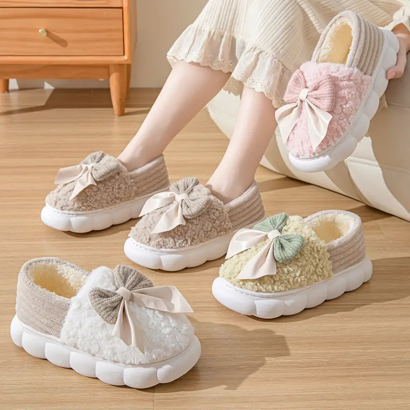 Cotton slippers winter covered heel indoor home bowknot women's warm fleece-lined household wool cotton shoes women's outer wear winter - Image 8