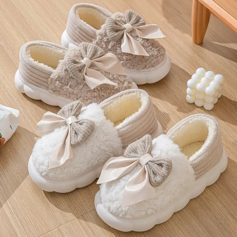 Cotton slippers winter covered heel indoor home bowknot women's warm fleece-lined household wool cotton shoes women's outer wear winter - Image 9
