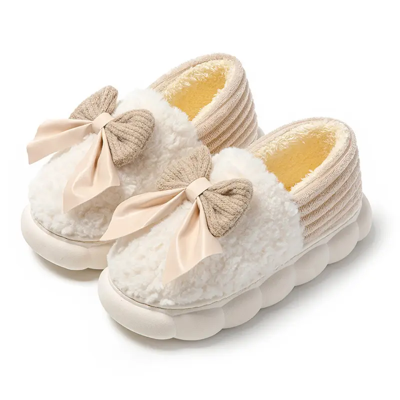 Cotton slippers winter covered heel indoor home bowknot women's warm fleece-lined household wool cotton shoes women's outer wear winter - Image 2
