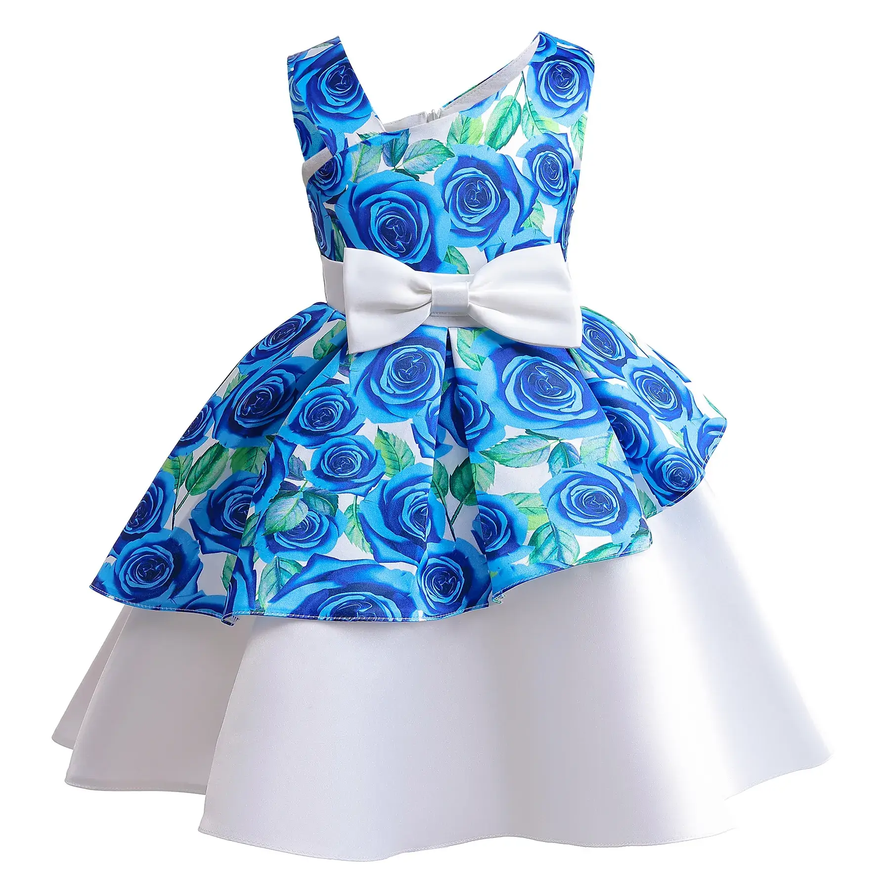 Off-Shoulder Girls Dress Blue Rose Print