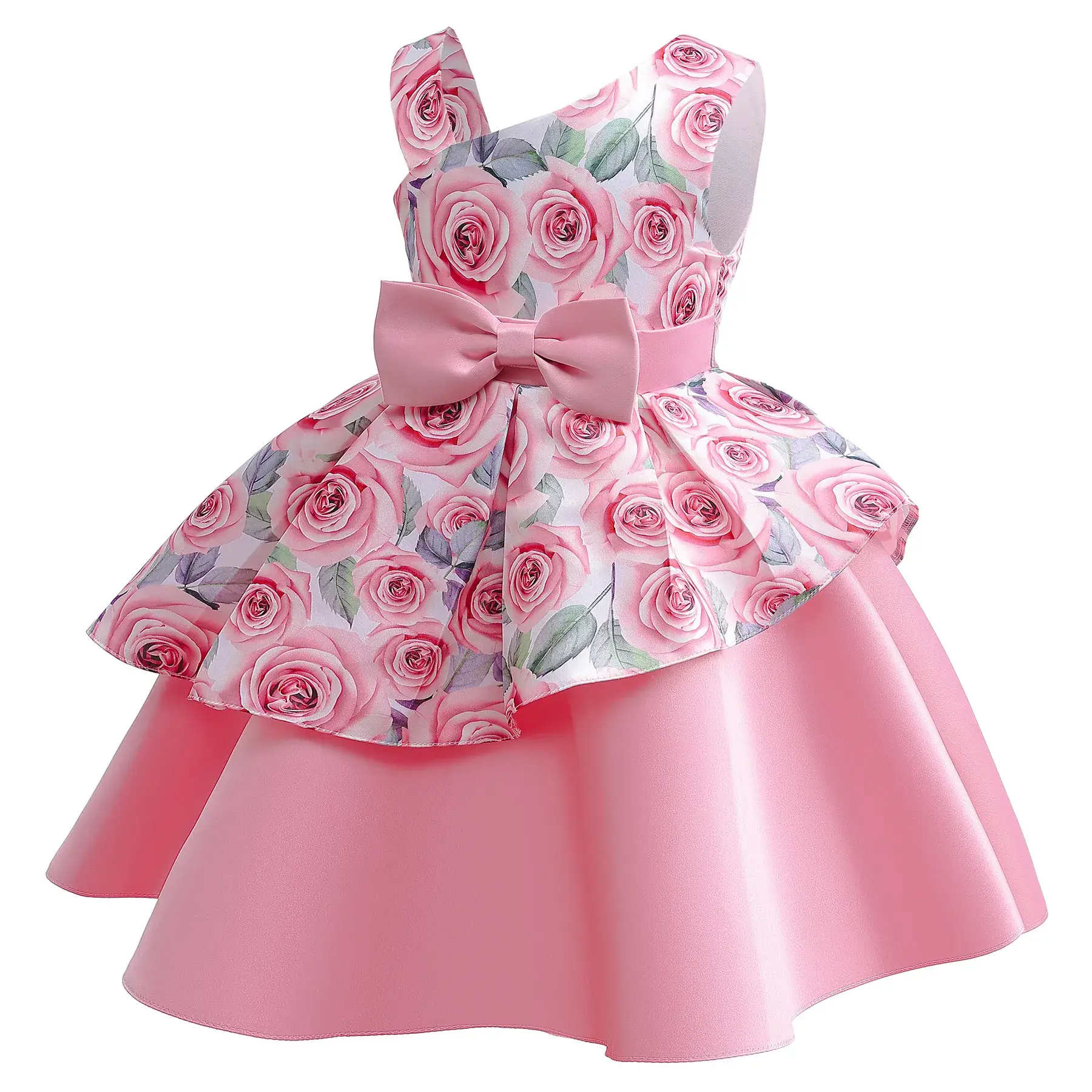 Off-Shoulder Girls Dress Blue Rose Print