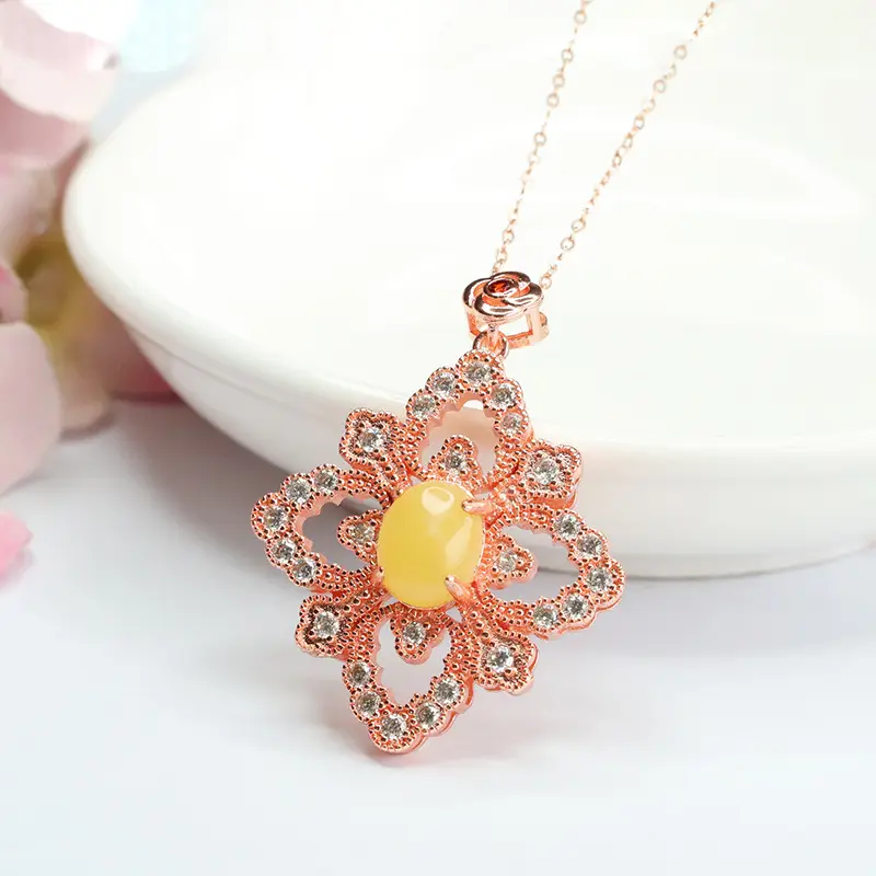 Rose Gold Yellow Amber Four Leaf Flower Necklace - Image 4