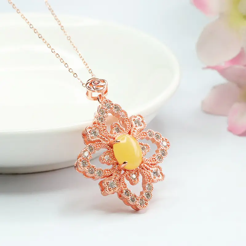 Rose Gold Yellow Amber Four Leaf Flower Necklace - Image 5