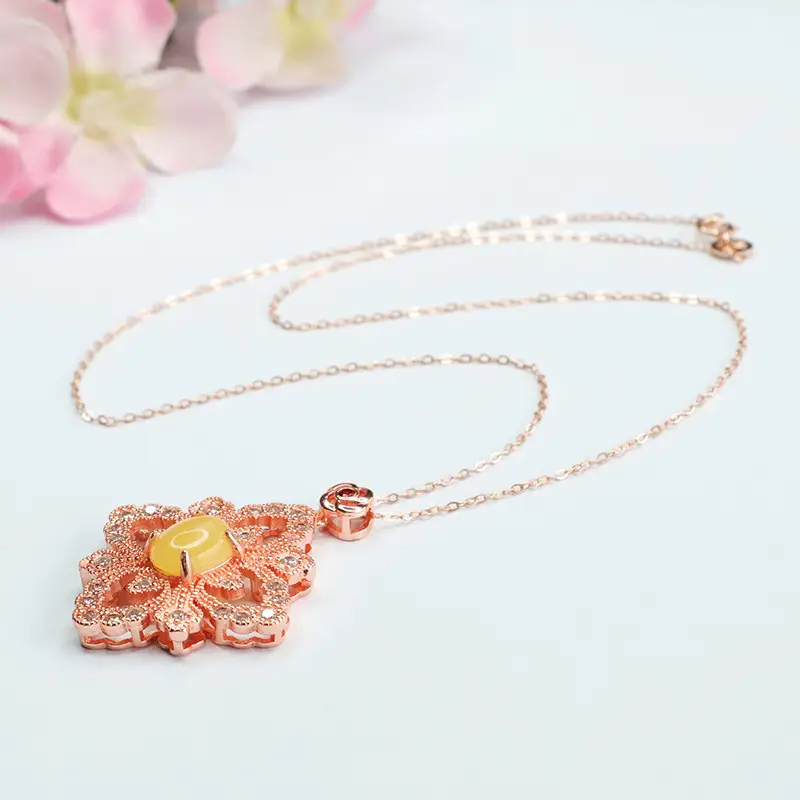 Rose Gold Yellow Amber Four Leaf Flower Necklace - Image 6