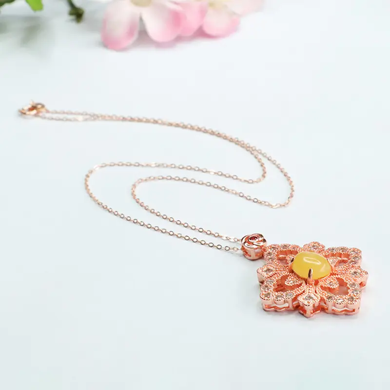 Rose Gold Yellow Amber Four Leaf Flower Necklace - Image 7