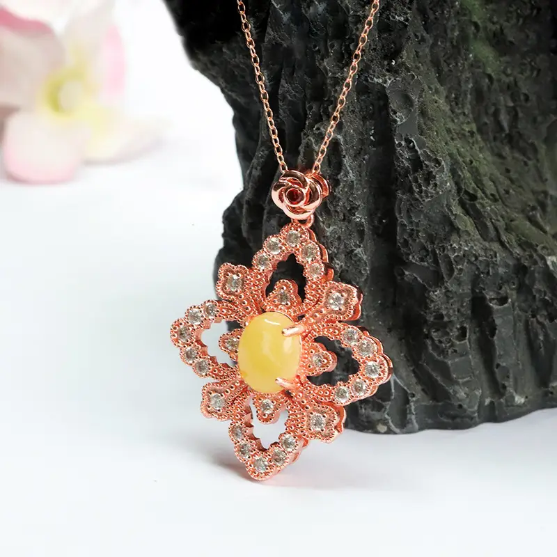 Rose Gold Yellow Amber Four Leaf Flower Necklace — feature 11