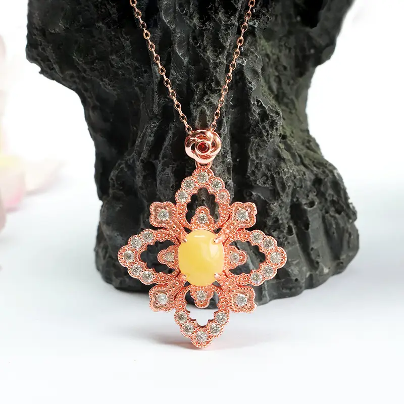 Rose Gold Yellow Amber Four Leaf Flower Necklace - Image 2