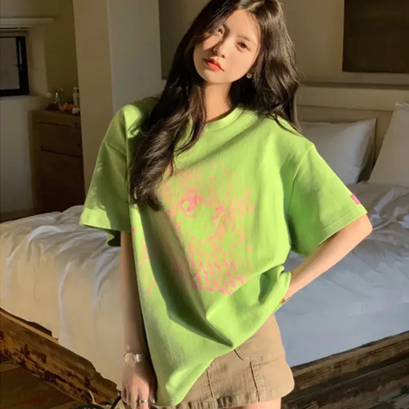 2025 Green Loose Sleeve T-Shirt Women Slim Fit Cotton - Image 3