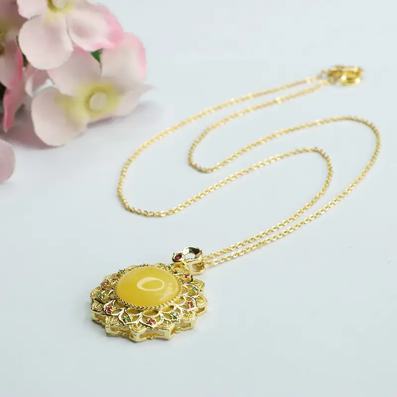 Guan Yu Yellow Honey Amber Sunflower Necklace - Image 6