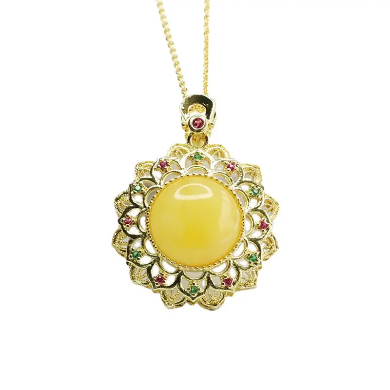 Guan Yu Yellow Honey Amber Sunflower Necklace - Image 7