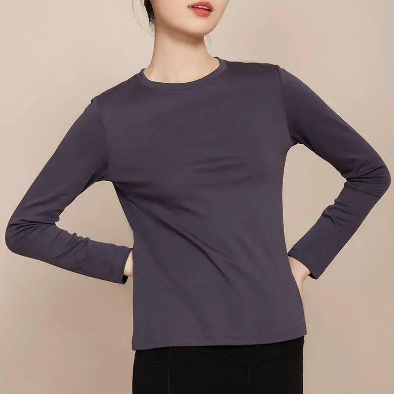 Women Long Sleeve Cotton T-Shirt Grey Round Neck - Image 7