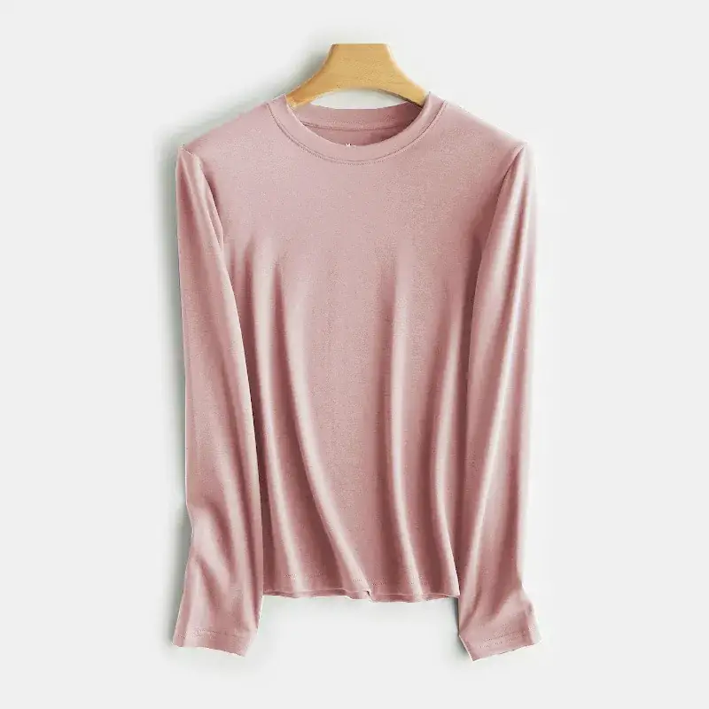 Women Long Sleeve Cotton T-Shirt Grey Round Neck - Image 4