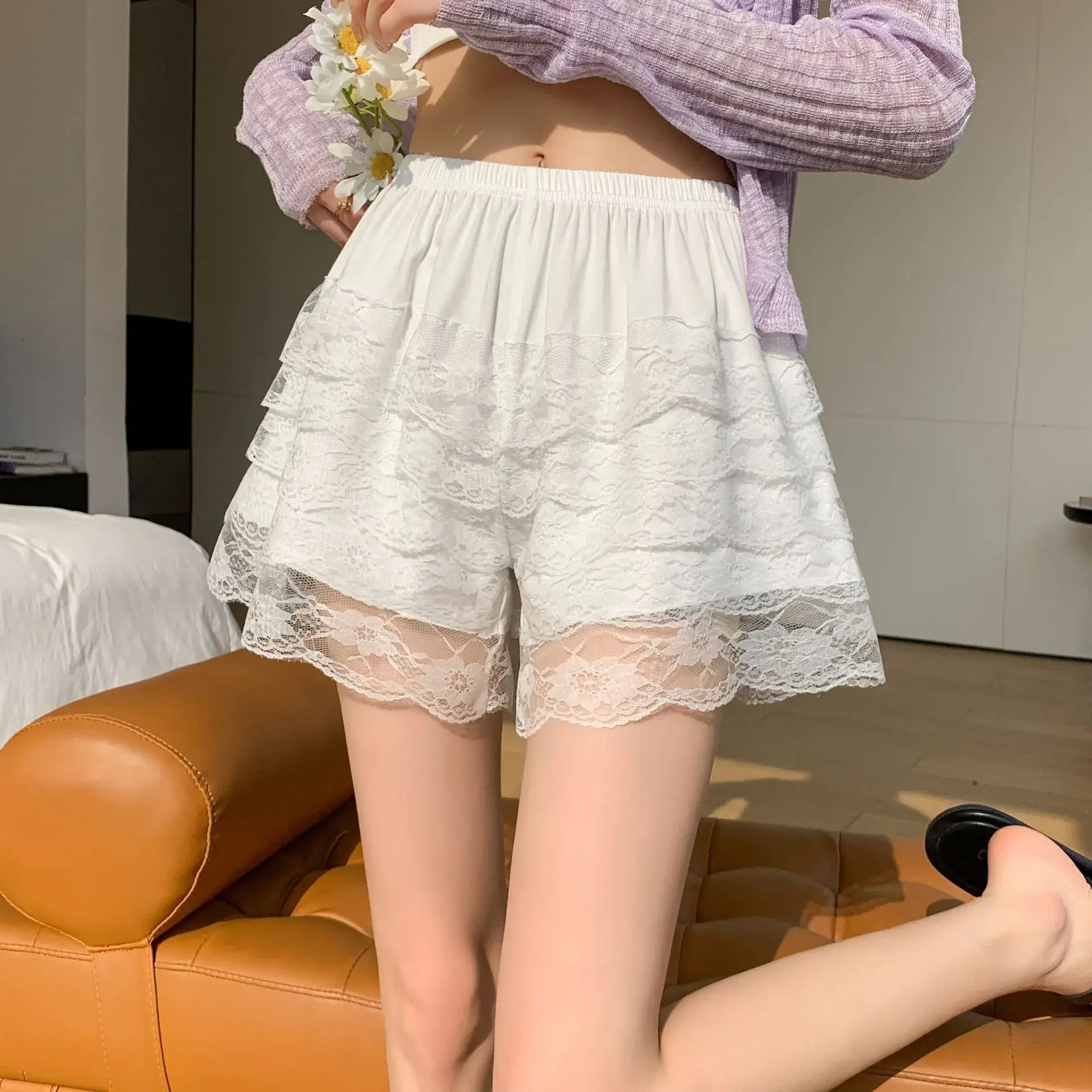 White Lace Shorts for Women Summer Wear - Image 2