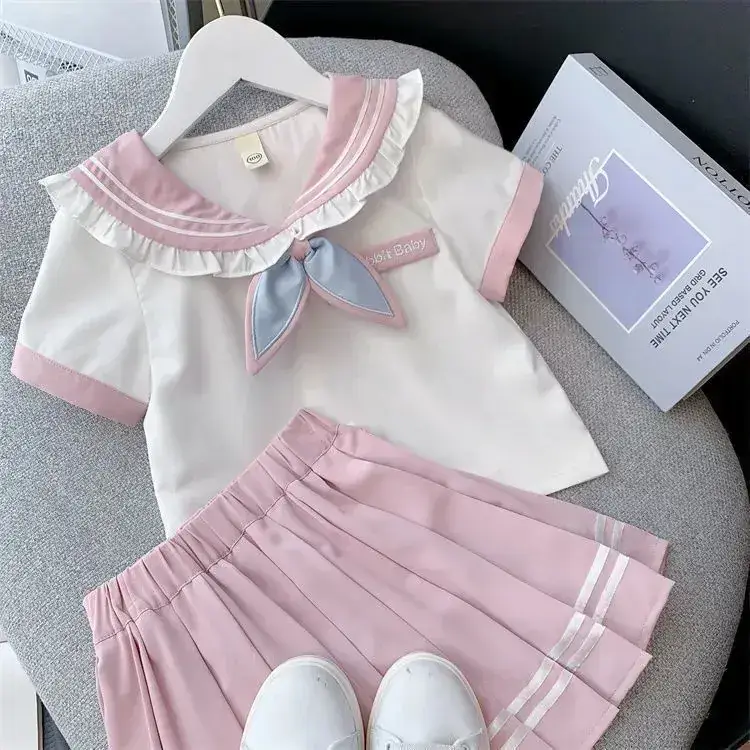 Girls Pink Pleated Skirt Two-Piece Summer Suit - Image 6
