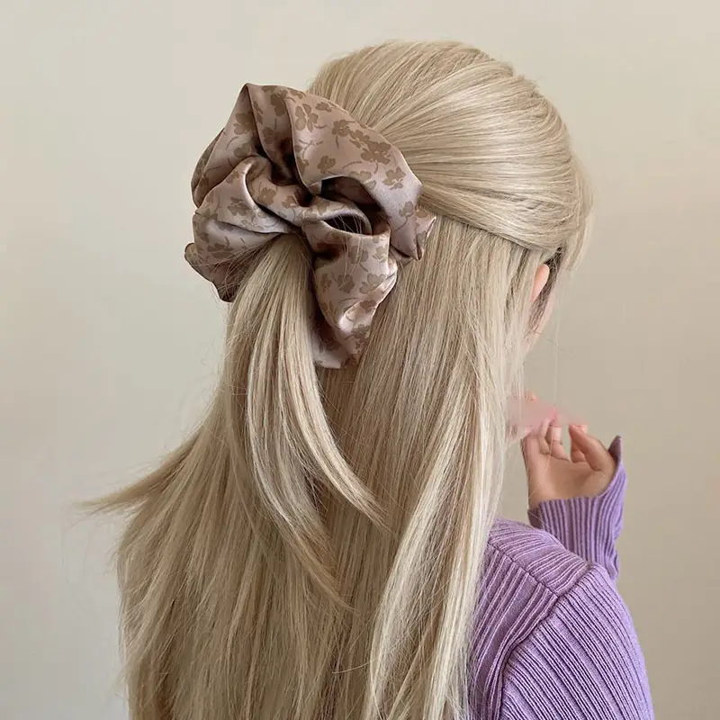 Grey Pink Printed Satin Hair Ring with Elegant Floral Pattern — feature 20