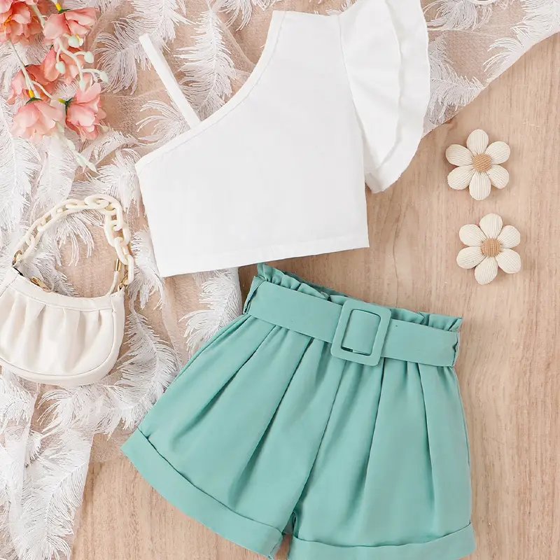 Baopai Girls Summer Shorts Mint Green Belted