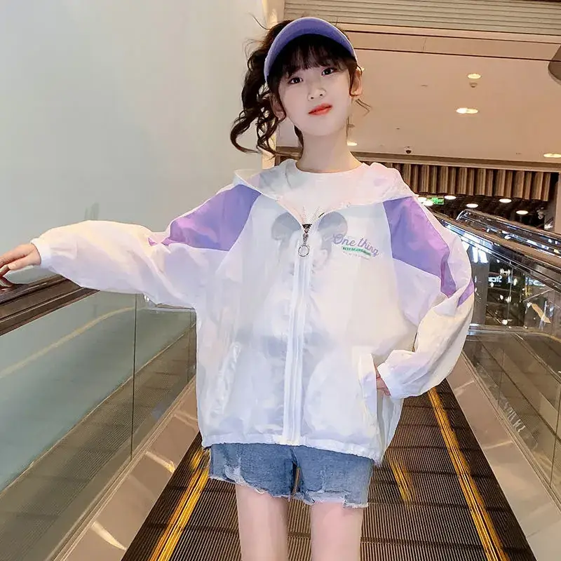 Girls Sun Protection Jacket White Purple Ice Silk Loose Casual - Image 3