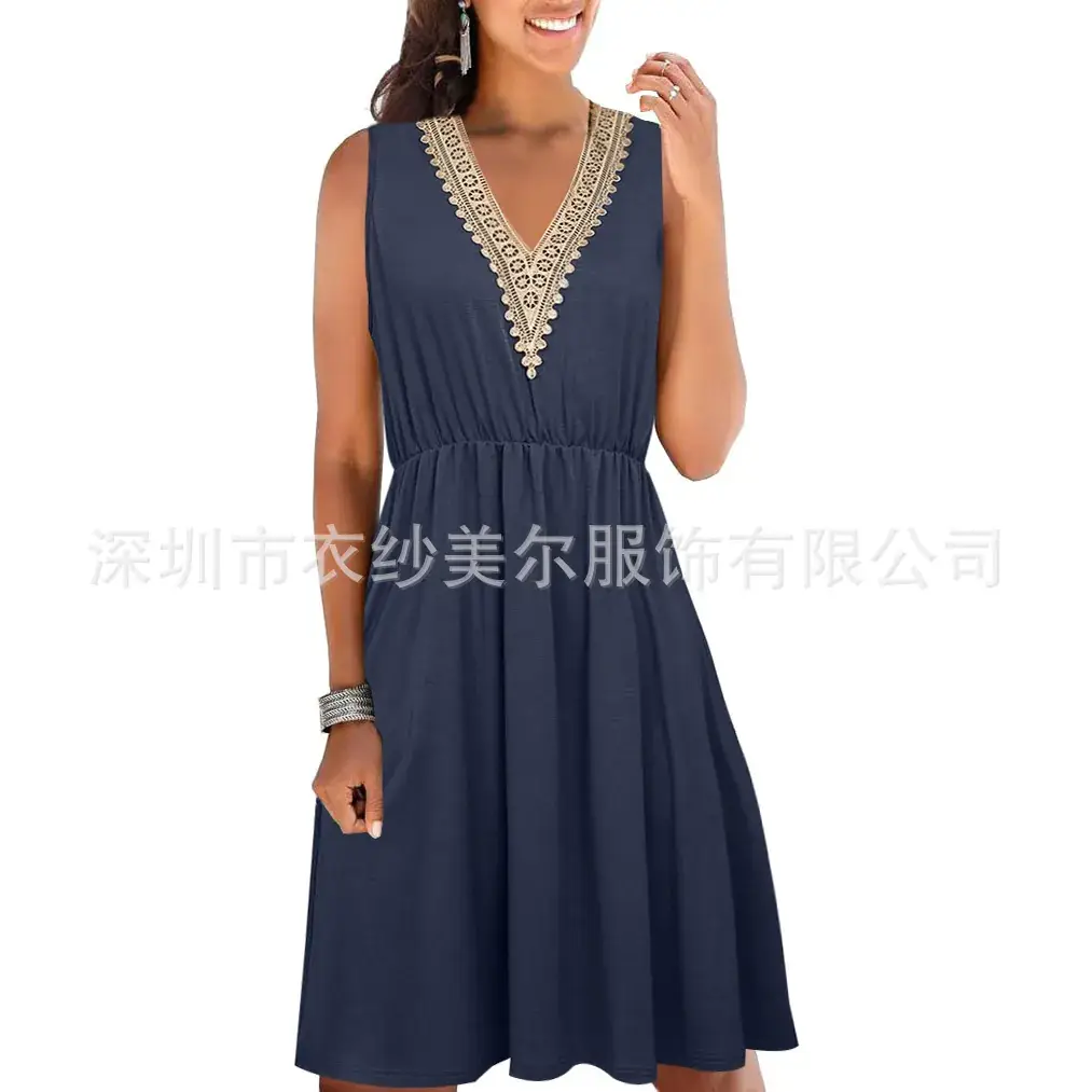 Women's Green Sleeveless V-Neck Dress Loose Beach Wear - Image 3