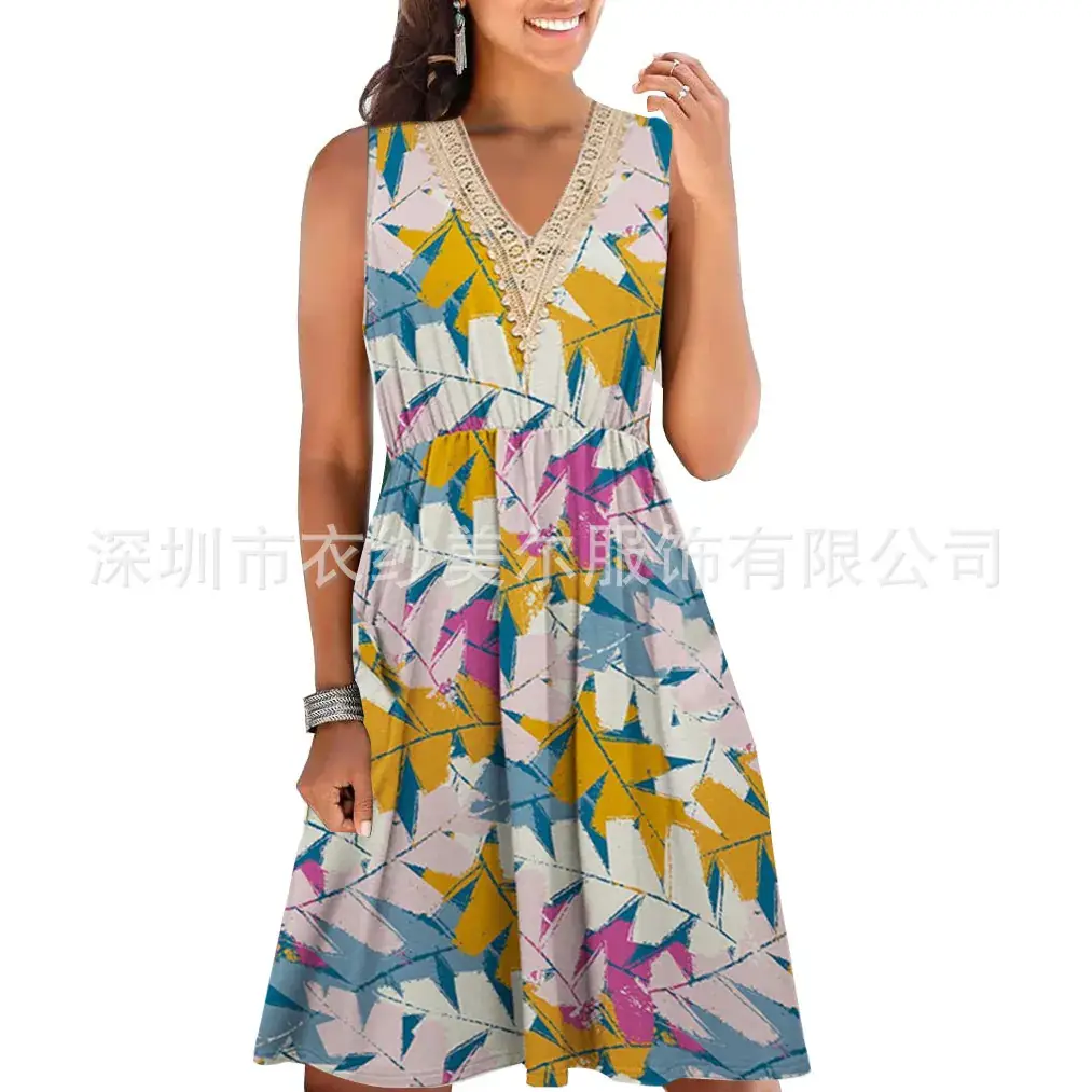 Women's Green Sleeveless V-Neck Dress Loose Beach Wear - Image 6