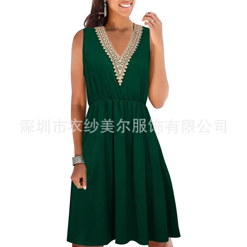 Women's Green Sleeveless V-Neck Dress Loose Beach Wear - Image 2