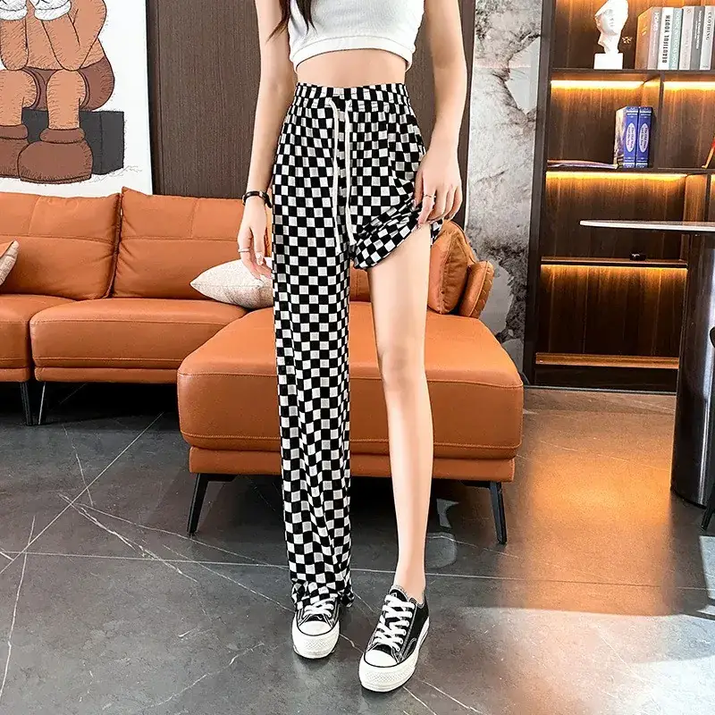 Women's Black White Checkered Wide Leg Pants Spring Summer - Image 9