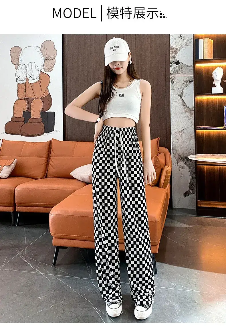 Women's Black White Checkered Wide Leg Pants Spring Summer — feature 1