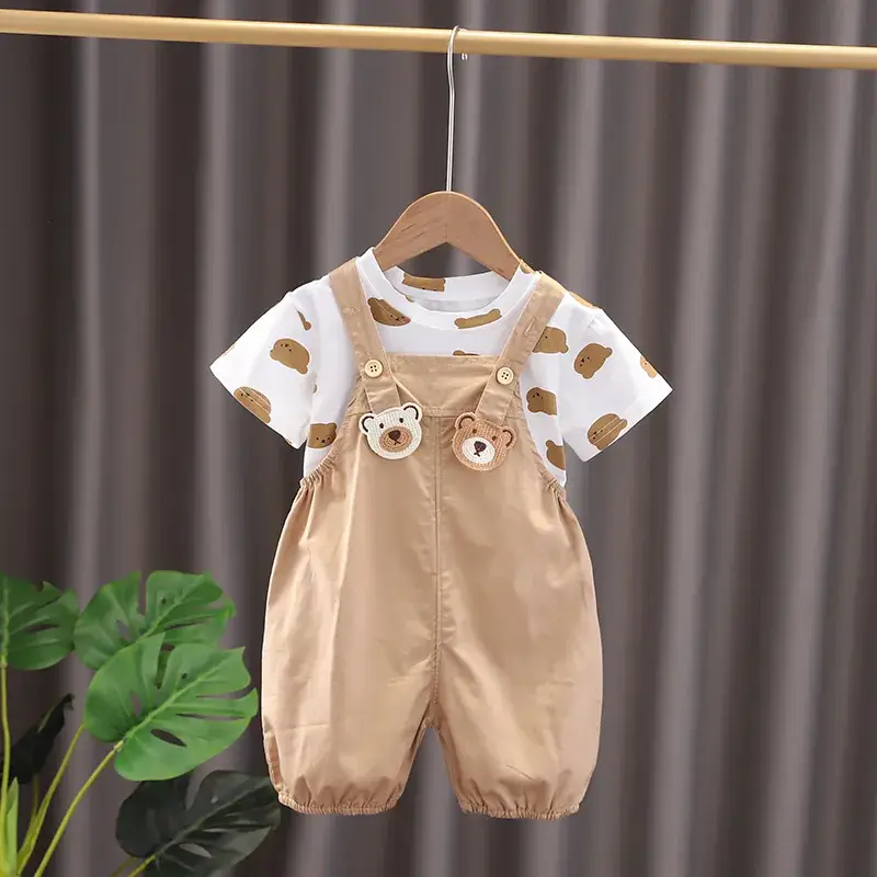 Cross-border Boys & Girls Summer Suit Brown White Straps - Image 6