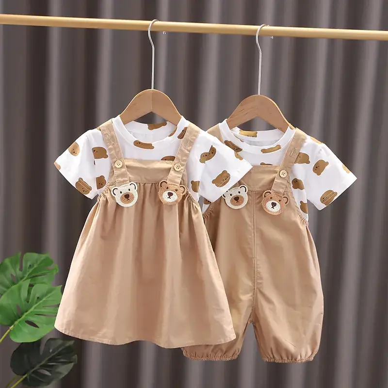 Cross-border Boys & Girls Summer Suit Brown White Straps — feature 1