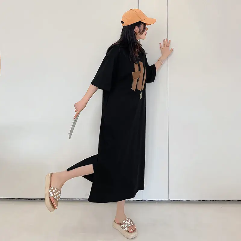 Women's Black Hand Print Long Sleeve Dress Large