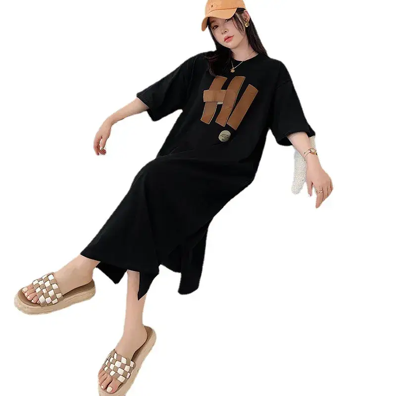 Women's Black Hand Print Long Sleeve Dress Large