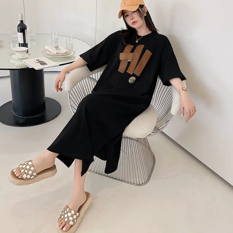 Women's Black Hand Print Long Sleeve Dress Large — feature 3
