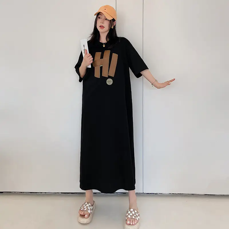 Women's Black Hand Print Long Sleeve Dress Large — feature 4