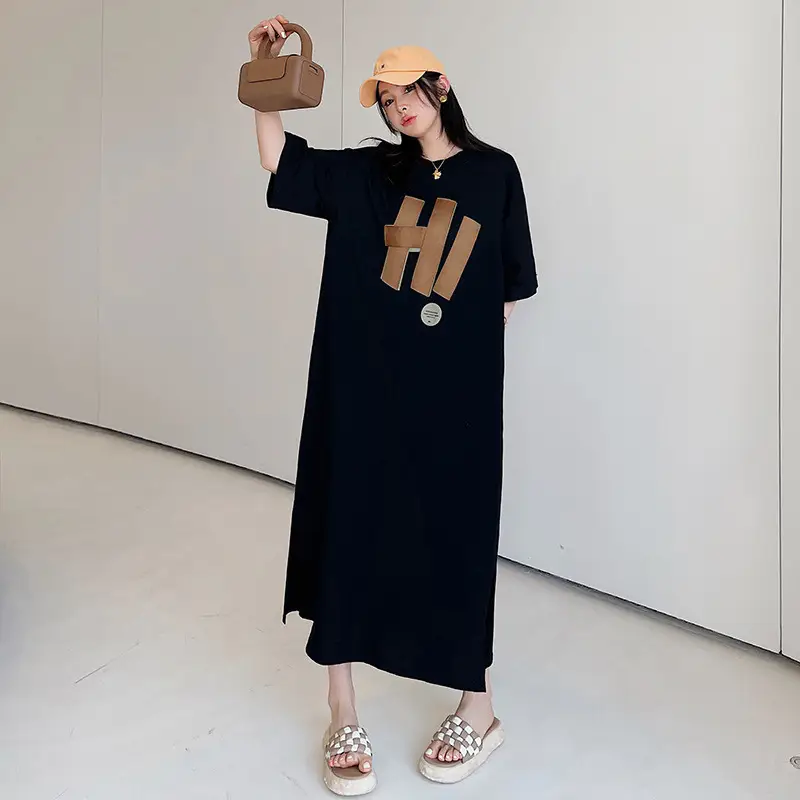 Women's Black Hand Print Long Sleeve Dress Large — feature 8
