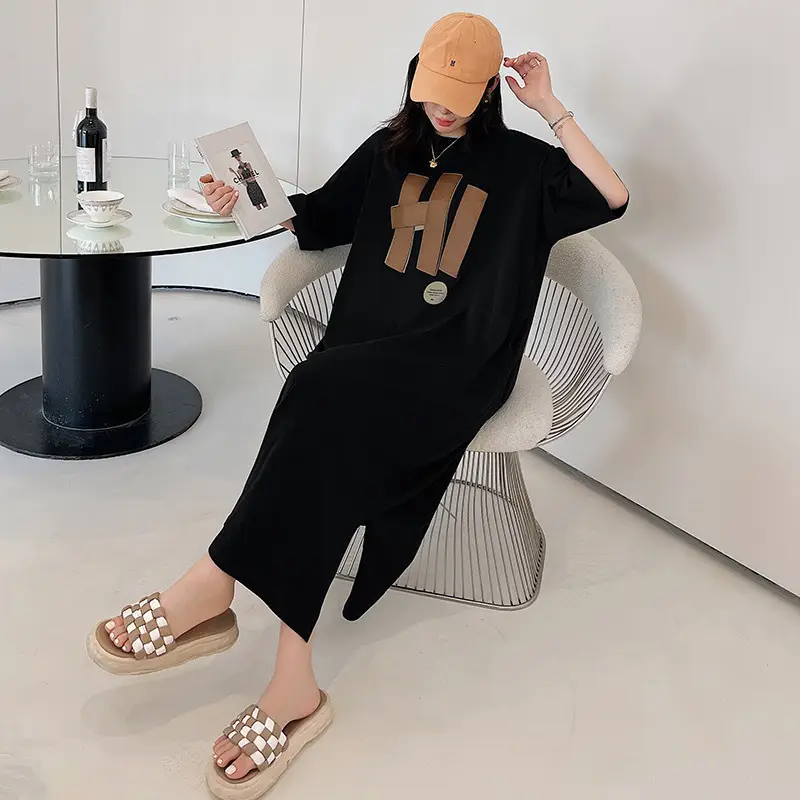 Women's Black Hand Print Long Sleeve Dress Large — feature 9